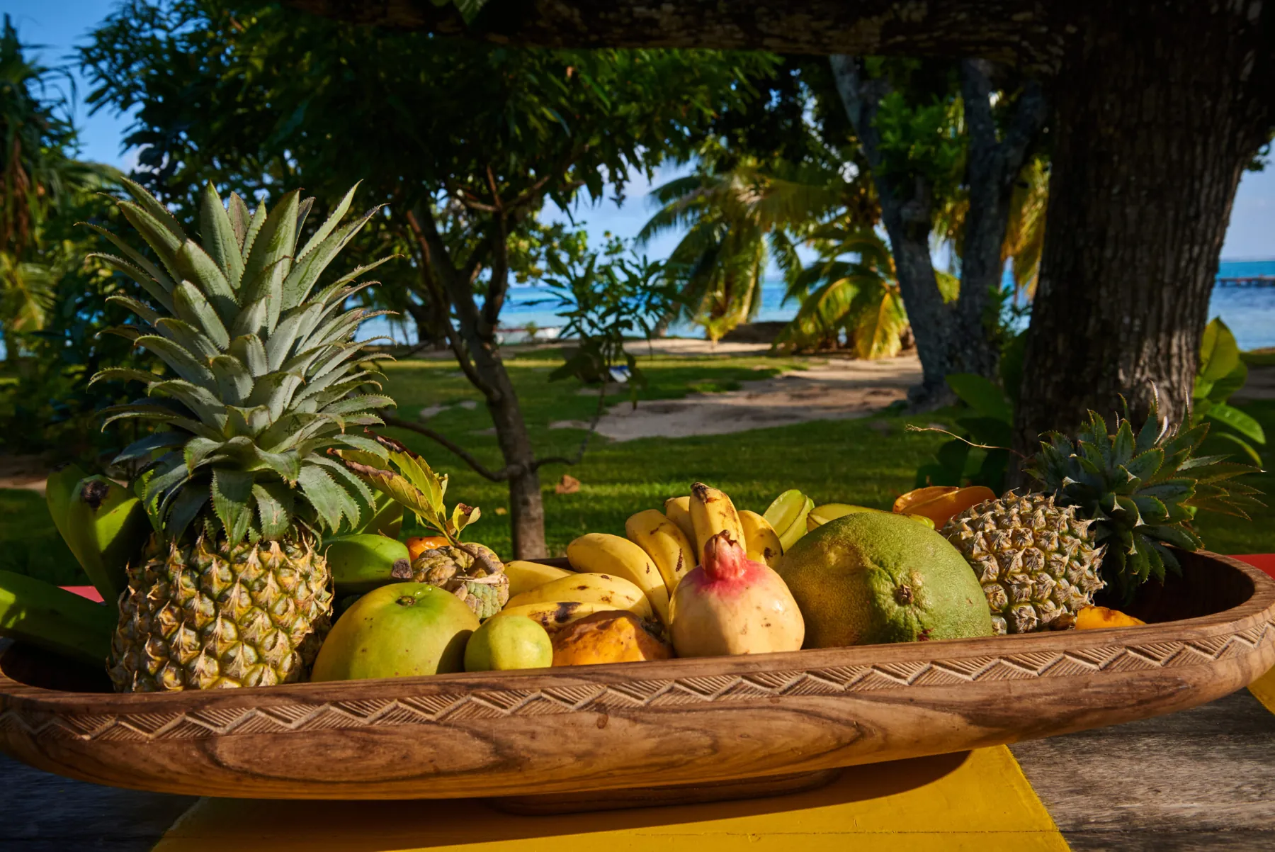 A bowl of fruit on the deck, facing the garden